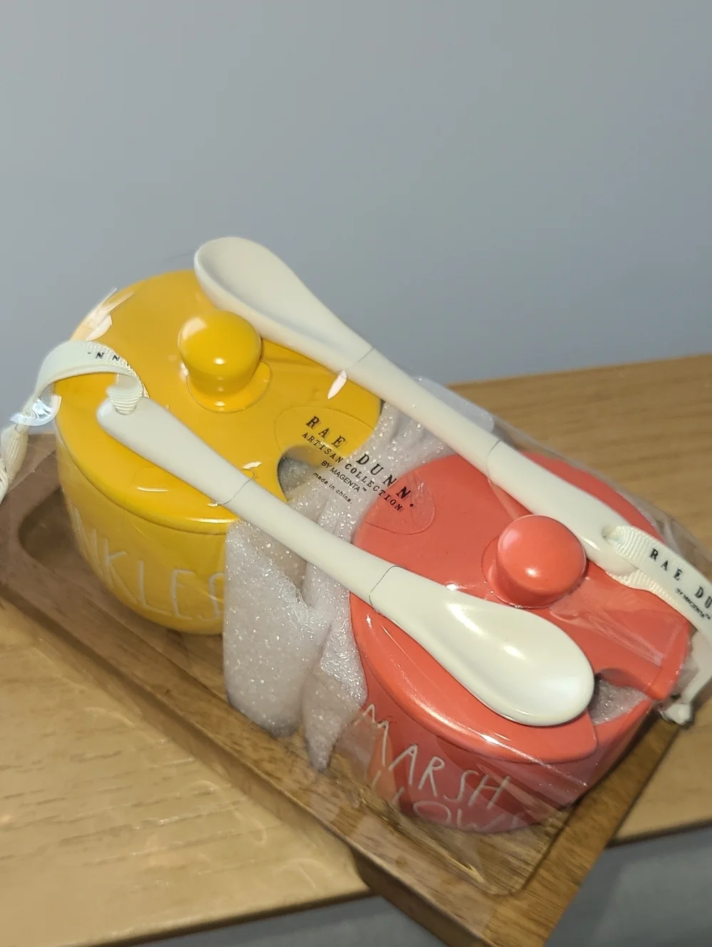 Rae Dunn Yellow Sprinkles & Coral Marshmallows Ceramic Jars with Spoons